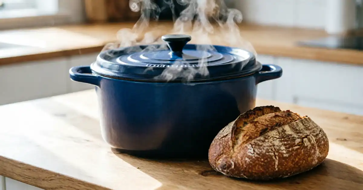 Deep blue enameled cast iron Dutch oven with steam rising from the lid, sitting next to a rustic artisan bread loaf on a light wooden kitchen counter in natural morning light.