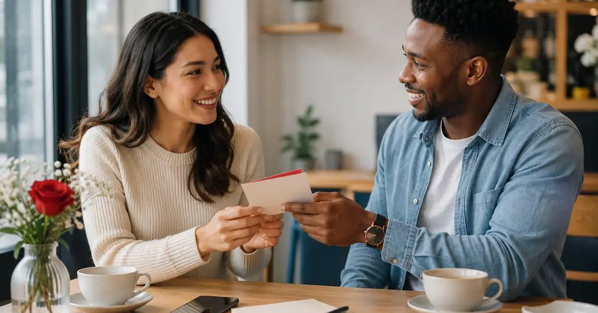 Two adults sharing a warm Valentine’s Day greeting in a modern café with a greeting card, flowers, smartphone, and notebook on the table.