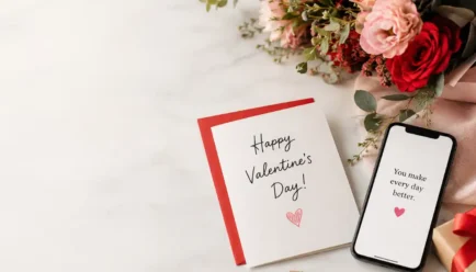 Valentine’s Day card, flowers, and smartphone displaying a romantic message on a softly lit background