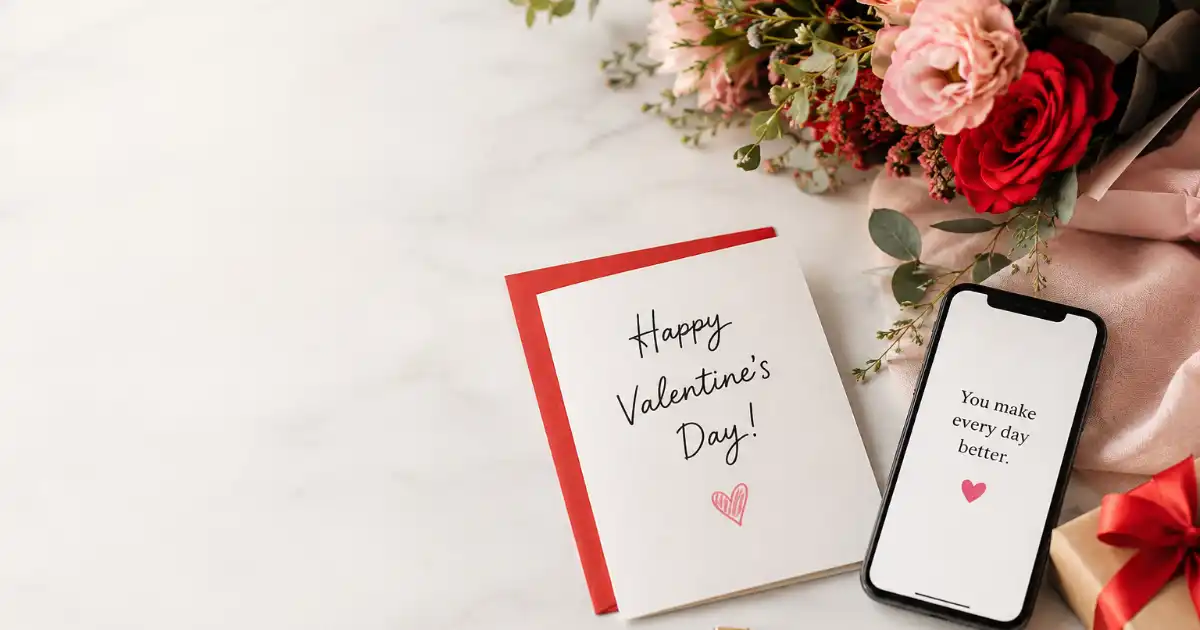 Valentine’s Day card, flowers, and smartphone displaying a romantic message on a softly lit background