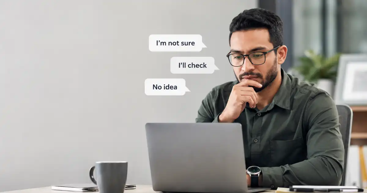 **Alt text:** Person thoughtfully considering alternative ways to say “I don’t know” during a professional conversation.