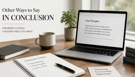 Professional writing desk with a laptop showing final thoughts, a notebook with a conclusion outline, and text about other ways to say “in conclusion.”