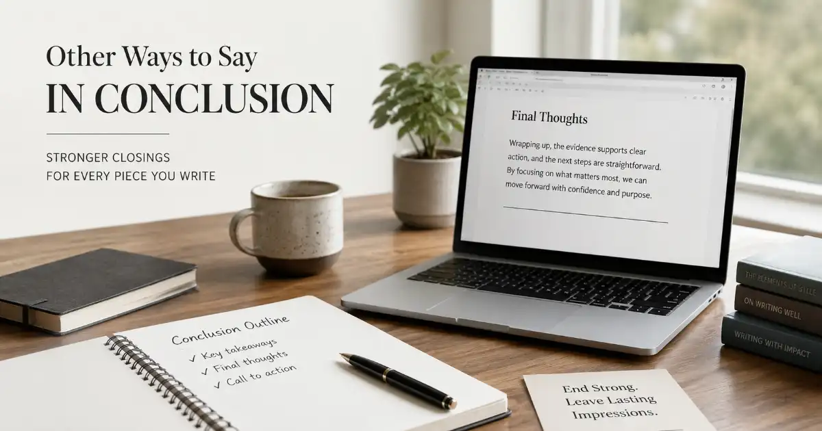 Professional writing desk with a laptop showing final thoughts, a notebook with a conclusion outline, and text about other ways to say “in conclusion.”