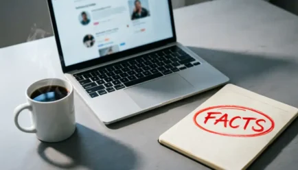 A minimalist desk setup featuring a laptop with a blurred social media screen, a steaming cup of black coffee, and a notebook with "FACTS" circled in red marker, illustrating crisis management during a public kerfuffle