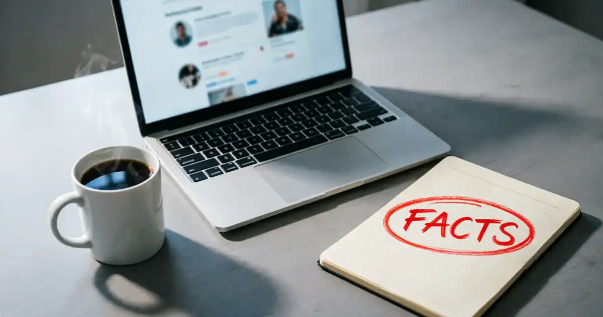 A minimalist desk setup featuring a laptop with a blurred social media screen, a steaming cup of black coffee, and a notebook with "FACTS" circled in red marker, illustrating crisis management during a public kerfuffle