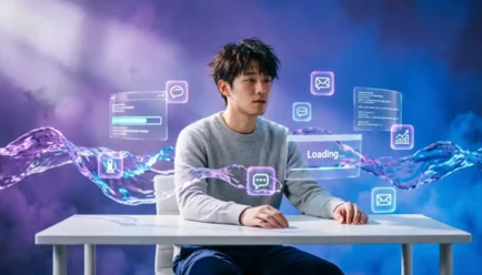 A young man sitting at a white desk looking dazed and overwhelmed, physically submerged in swirling purple and blue holographic liquid waves and floating neon notification icons, visually representing the slang concept of being lost in the sauce.