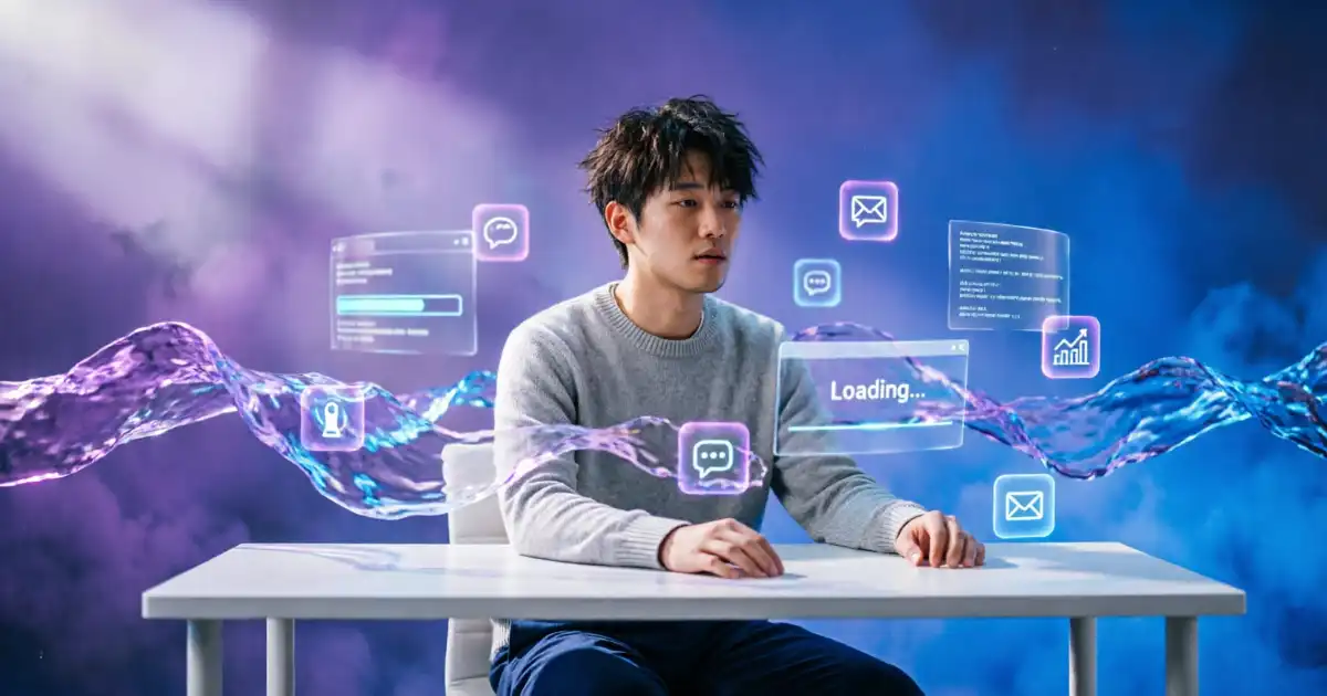 A young man sitting at a white desk looking dazed and overwhelmed, physically submerged in swirling purple and blue holographic liquid waves and floating neon notification icons, visually representing the slang concept of being lost in the sauce.