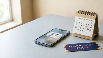 A smartphone showing an excited message about an upcoming trip, with a calendar, passport, boarding pass, and travel bag nearby.