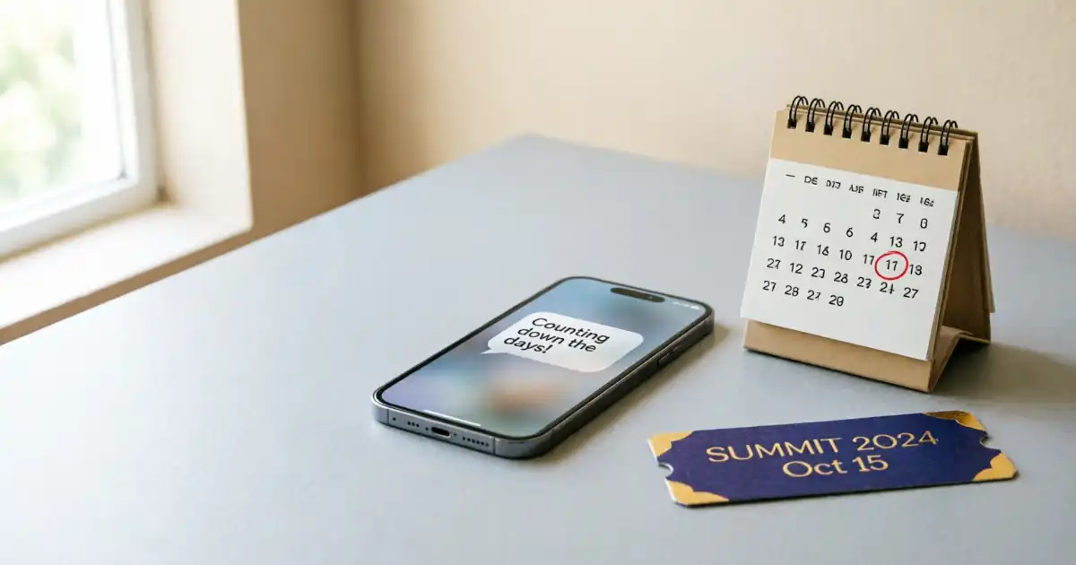 A smartphone showing an excited message about an upcoming trip, with a calendar, passport, boarding pass, and travel bag nearby.