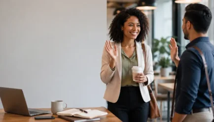 Two diverse professionals sharing a friendly goodbye in a modern office café, expressing warmth and positive communication.