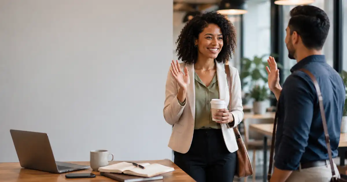 Two diverse professionals sharing a friendly goodbye in a modern office café, expressing warmth and positive communication.