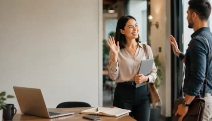 Two diverse professionals sharing a friendly goodbye in a modern office, representing polite and positive ways to wish someone a pleasant day.