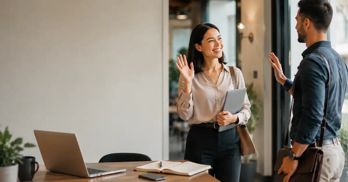 Two diverse professionals sharing a friendly goodbye in a modern office, representing polite and positive ways to wish someone a pleasant day.