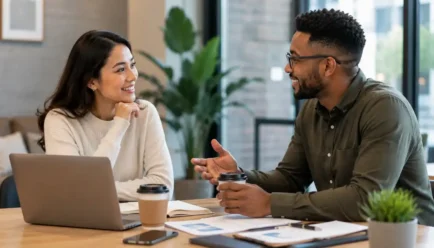 Two diverse professionals having a friendly conversation in a modern cafe office with laptops, notebooks, smartphones, and coffee cups.