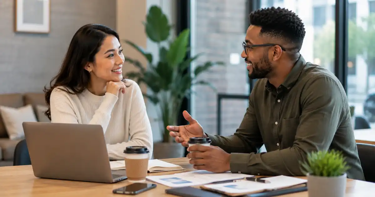 Two diverse professionals having a friendly conversation in a modern cafe office with laptops, notebooks, smartphones, and coffee cups.