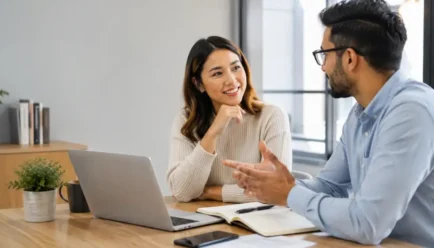 Two professionals having a friendly conversation in a modern office cafe, showing agreement and positive communication.