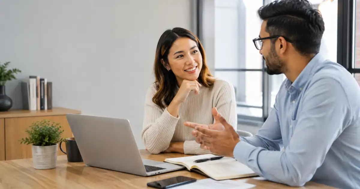 Two professionals having a friendly conversation in a modern office cafe, showing agreement and positive communication.