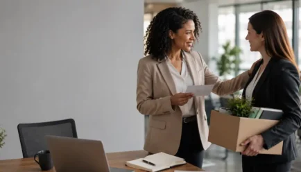 Two diverse professionals sharing a warm farewell in a modern office, with one colleague offering encouragement as the other prepares to leave. I prefer this response