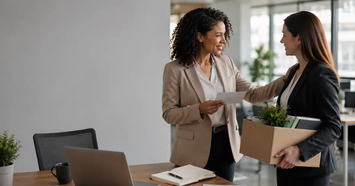 Two diverse professionals sharing a warm farewell in a modern office, with one colleague offering encouragement as the other prepares to leave. I prefer this response