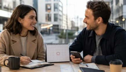 **Alt text:** Two people preparing to meet in a modern urban setting with coffee, a calendar, and subtle travel plans.