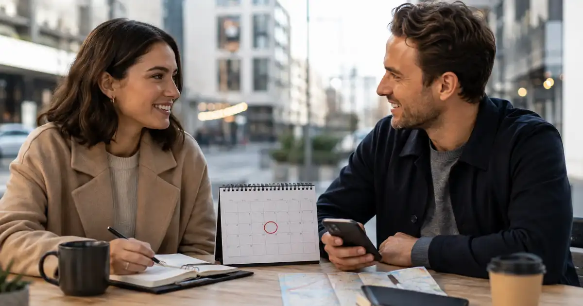 **Alt text:** Two people preparing to meet in a modern urban setting with coffee, a calendar, and subtle travel plans.