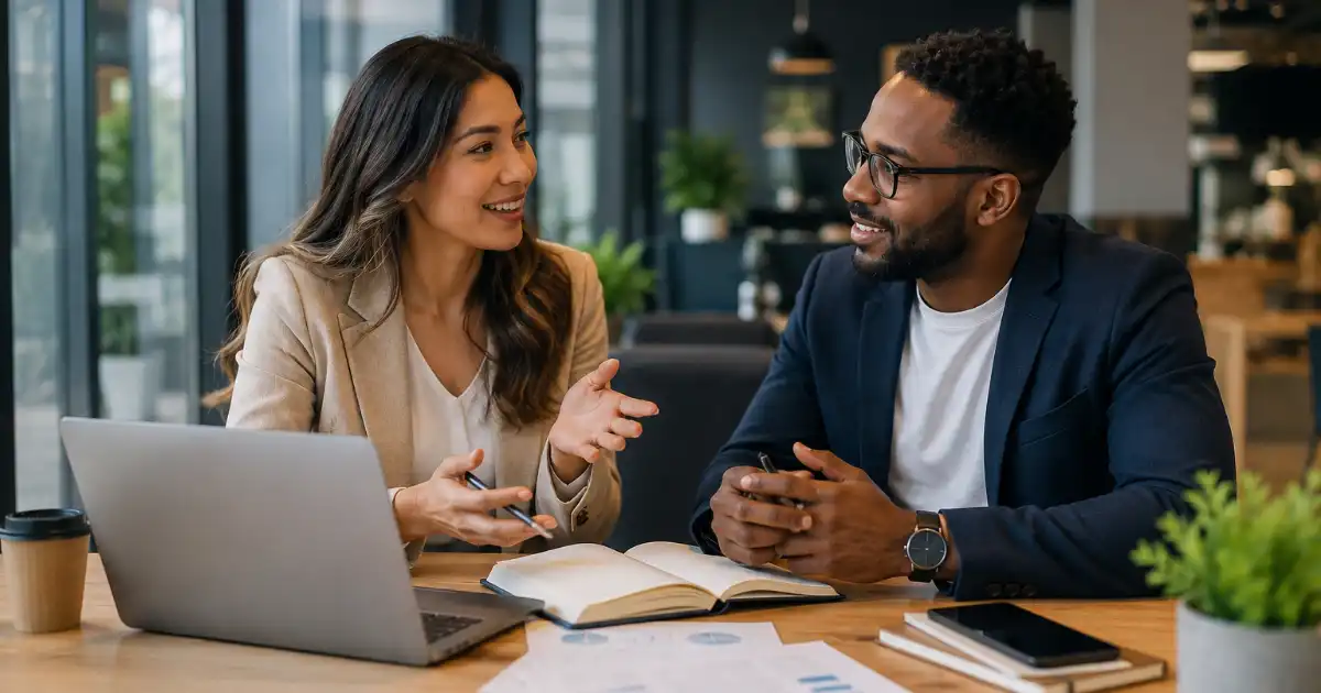 Two diverse professionals having a friendly discussion in a modern office with a laptop, notebook, smartphone, documents, and workspace materials.