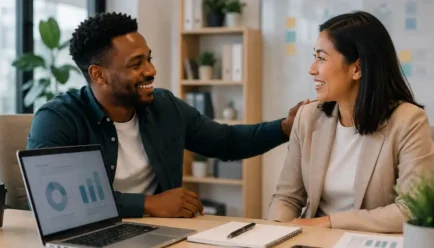 Two diverse professionals celebrating a successful project together in a modern office with a laptop, notebook, smartphone, and business documents on the desk.