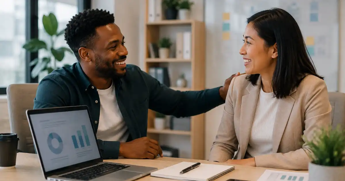 Two diverse professionals celebrating a successful project together in a modern office with a laptop, notebook, smartphone, and business documents on the desk.