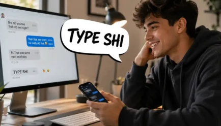 Young man reading a casual online conversation with a speech bubble saying “TYPE SHI” at a modern desk