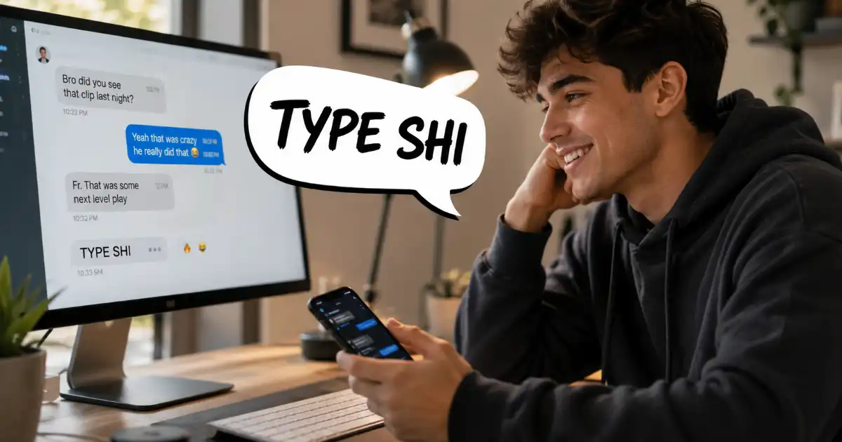Young man reading a casual online conversation with a speech bubble saying “TYPE SHI” at a modern desk