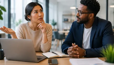 Two diverse professionals having a thoughtful conversation at a modern office desk with a laptop, notebook, pen, smartphone, and documents.