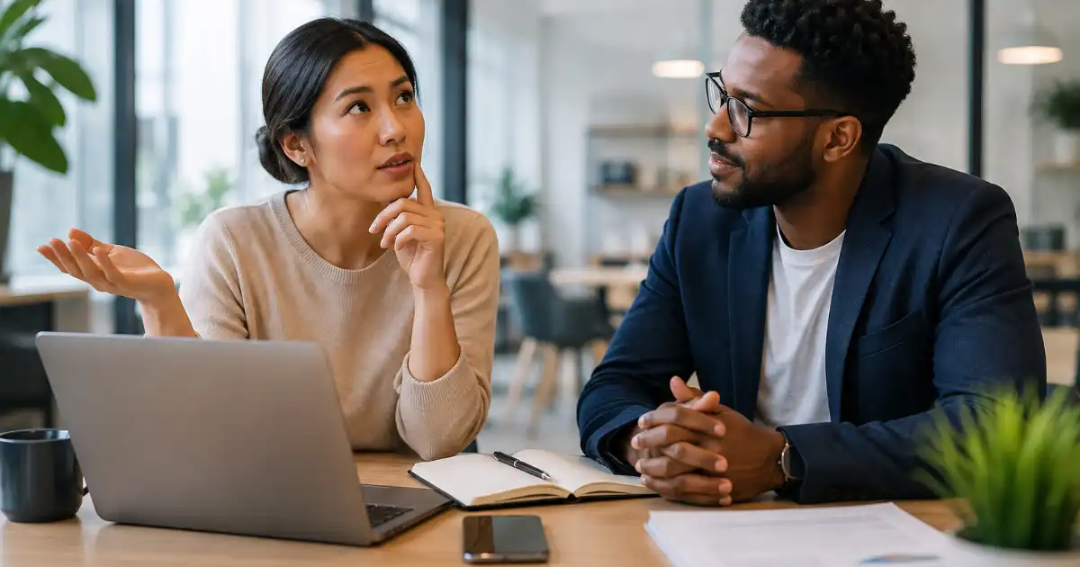 Two diverse professionals having a thoughtful conversation at a modern office desk with a laptop, notebook, pen, smartphone, and documents.