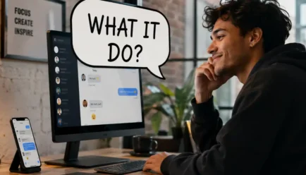 Young adult viewing a casual chat conversation on a computer with a speech bubble reading “WHAT IT DO?” in a modern workspace.