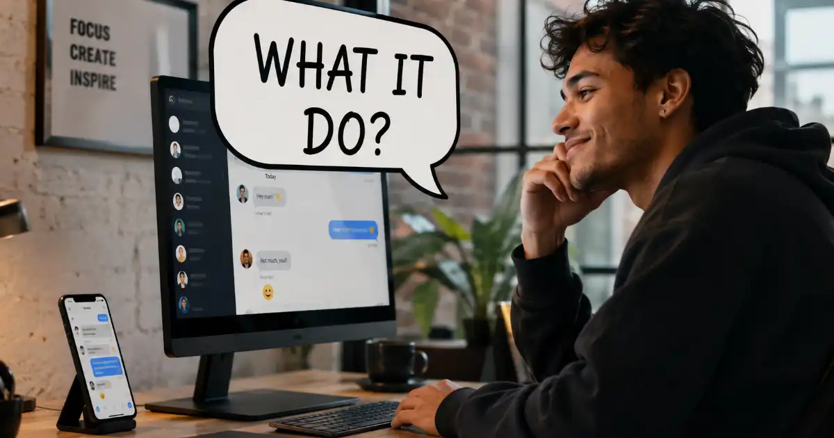 Young adult viewing a casual chat conversation on a computer with a speech bubble reading “WHAT IT DO?” in a modern workspace.