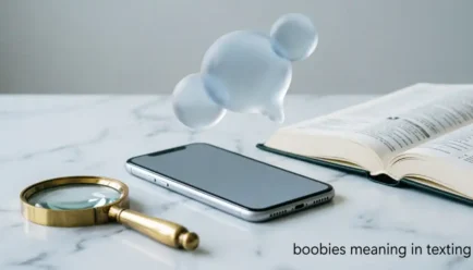 A smartphone on a marble desk alongside a magnifying glass and an open dictionary, visually representing the meaning of "boobies" in texting slang