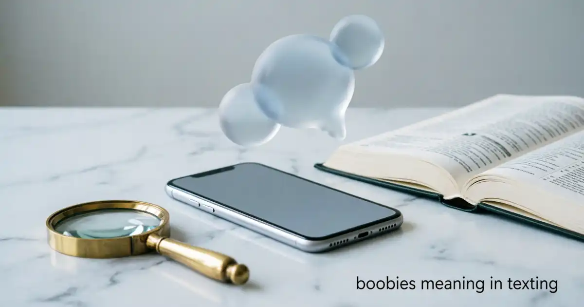 A smartphone on a marble desk alongside a magnifying glass and an open dictionary, visually representing the meaning of "boobies" in texting slang