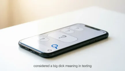 Smartphone displaying text message bubbles with question marks and magnifying glass icon on white desk, illustrating the concept of looking up what "considered a big dick" means in texting slang and digital communication