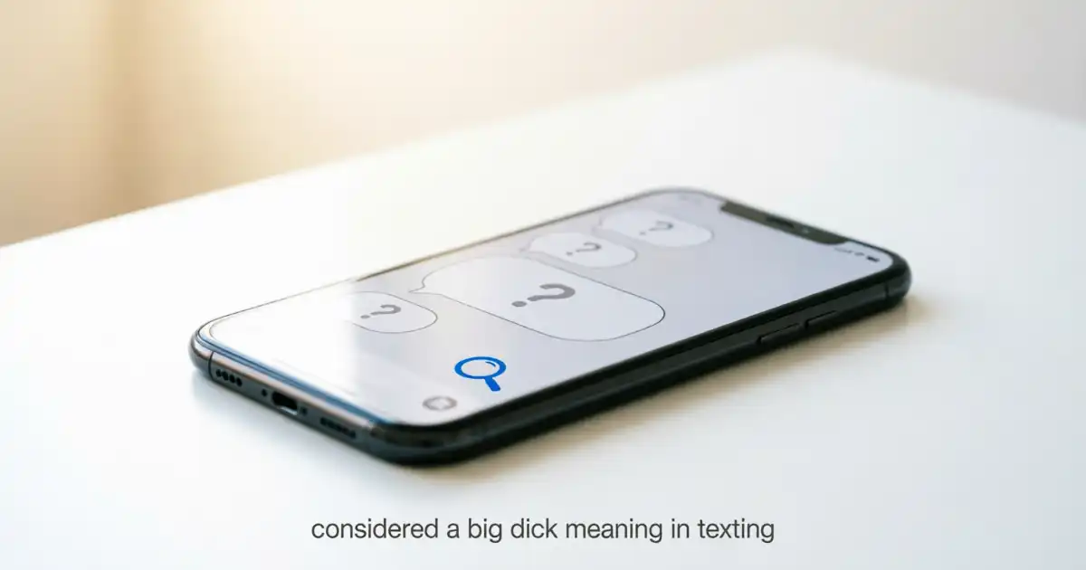 Smartphone displaying text message bubbles with question marks and magnifying glass icon on white desk, illustrating the concept of looking up what "considered a big dick" means in texting slang and digital communication