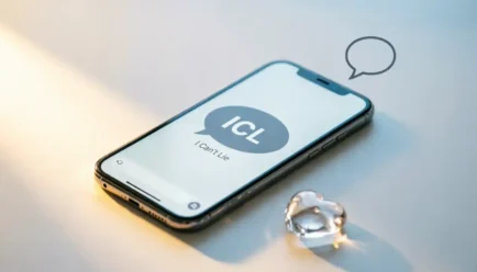 "Smartphone displaying ICL acronym with 'I Can't Lie' definition in text message bubble, accompanied by glass heart symbol representing honesty and truthful communication in texting"