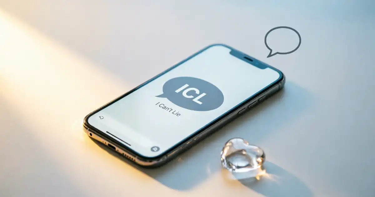 "Smartphone displaying ICL acronym with 'I Can't Lie' definition in text message bubble, accompanied by glass heart symbol representing honesty and truthful communication in texting"