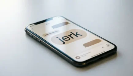 Smartphone displaying a text message conversation with the word "jerk" highlighted in a chat bubble, illustrating the meaning of jerk in texting slang