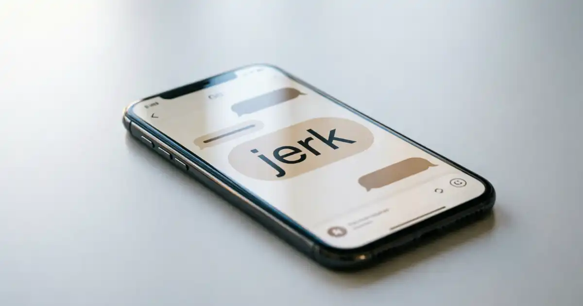 Smartphone displaying a text message conversation with the word "jerk" highlighted in a chat bubble, illustrating the meaning of jerk in texting slang