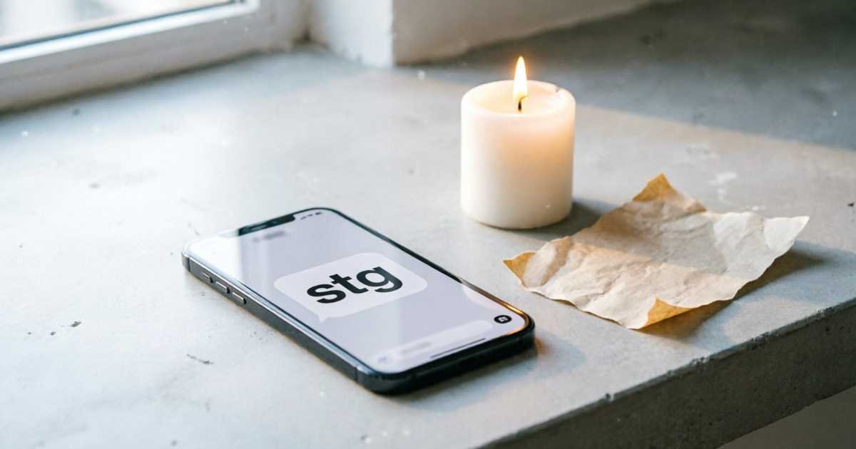 Text: "Smartphone displaying 'stg' text message next to a lit candle on a minimalist desk"