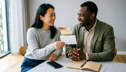 Two diverse professionals sitting at a modern office desk. One person is warmly handing a blank greeting card to the other, both smiling. A smartphone, pen, and open notebook sit on the clean desk.