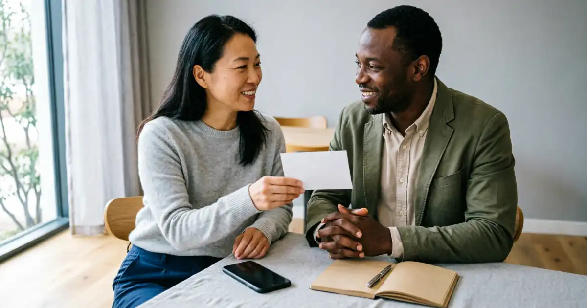 Two diverse professionals sitting at a modern office desk. One person is warmly handing a blank greeting card to the other, both smiling. A smartphone, pen, and open notebook sit on the clean desk.