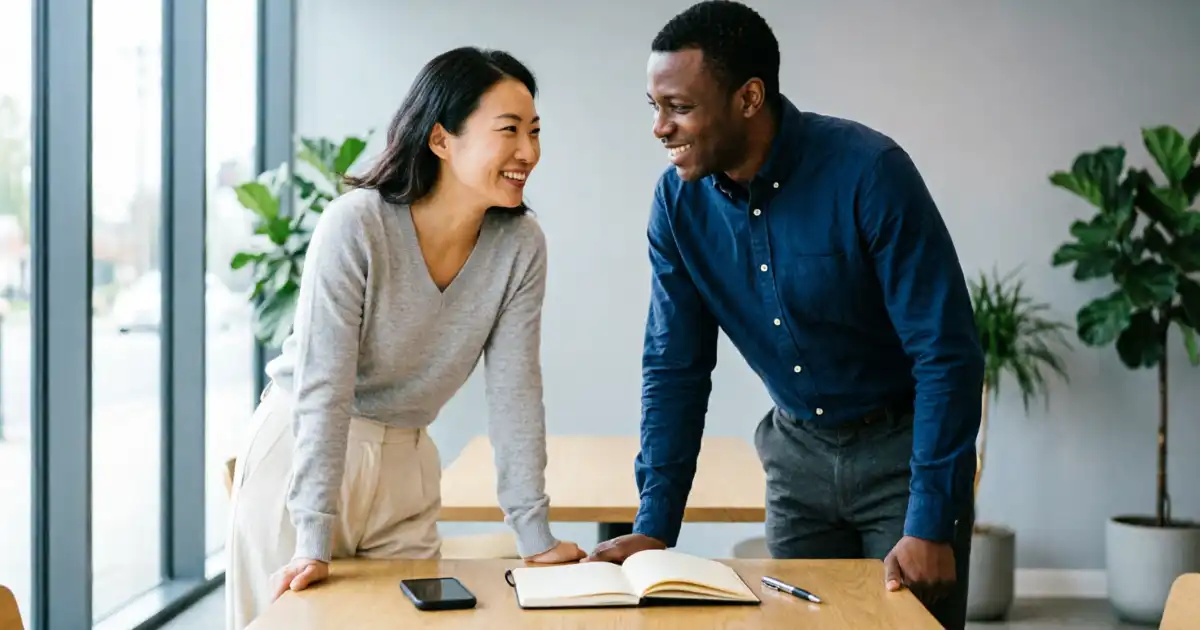 Two diverse professionals standing at a clean wooden desk in a modern office, smiling and engaging in a warm conversation. A smartphone, open notebook, and pen are on the desk.