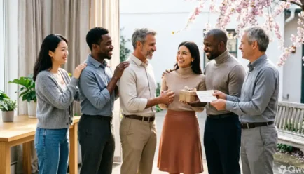 A diverse group of smiling professionals in a bright, modern setting sharing a moment of appreciation as one person hands a small gift and card to a coworker.
