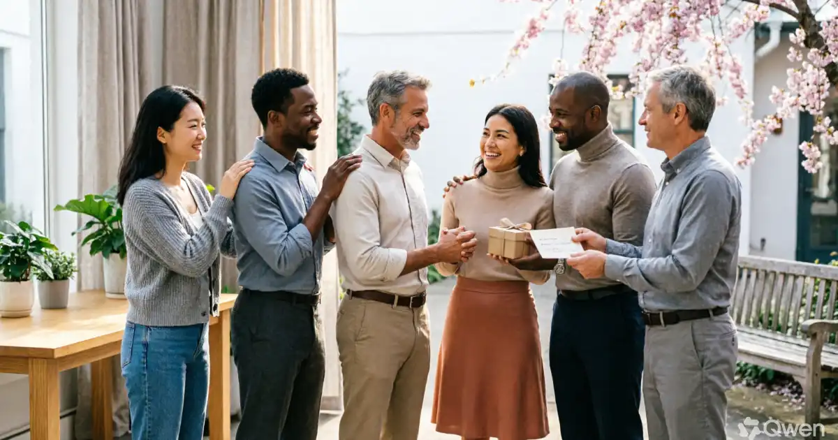 A diverse group of smiling professionals in a bright, modern setting sharing a moment of appreciation as one person hands a small gift and card to a coworker.