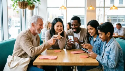 A diverse group of friends of various ages and ethnicities sitting at a wooden table in a bright, contemporary cafe. They are smiling and laughing while looking at their smartphones together. The scene features natural lighting, warm tones, and teal and coral accents in the seating and decor