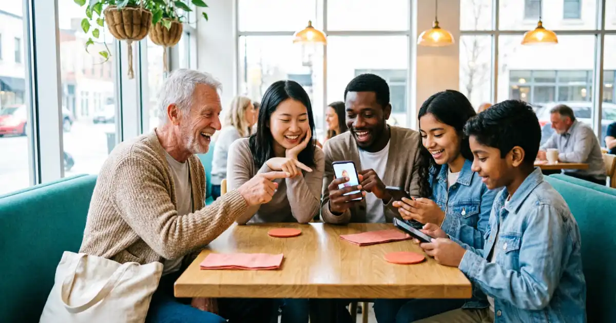 A diverse group of friends of various ages and ethnicities sitting at a wooden table in a bright, contemporary cafe. They are smiling and laughing while looking at their smartphones together. The scene features natural lighting, warm tones, and teal and coral accents in the seating and decor